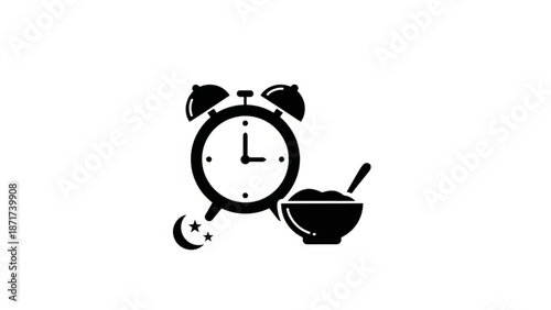 Black silhouette of an alarm clock ringing at night with a bowl of cereal with breakfast and icon and illustration and graphic design and element