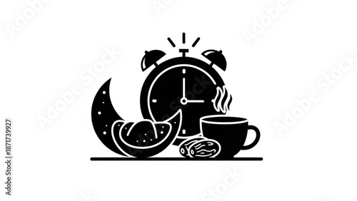 Black and white illustration of a still life with a crescent moon a sliced orange a croissant a steaming cup of coffee and an alarm clock on a table