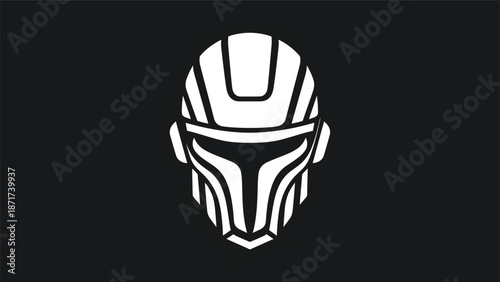 Intricate white helmet design against a stark black background, futuristic aesthetic.