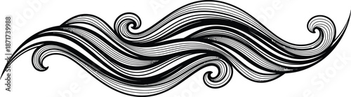 Elegant black and white abstract graphic design element featuring beautifully flowing stylized lines creating a wave like pattern with intricate curls suitable for decoration