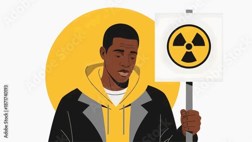 Flat vector illustration of a young black man holding a poster with a symbol of radiation