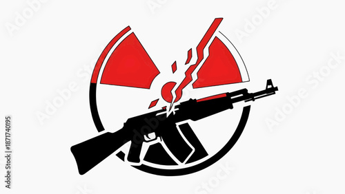 A flat vector illustration with an automatic weapon on the background of a radiation symbol, the concept of nuclear threat, military danger, global conflict, terror and the destructive power of weapon