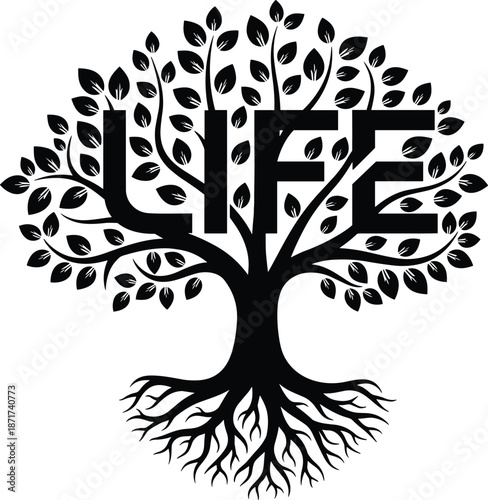 Stylized black tree silhouette with roots and word life embedded in leaves for nature logo design.