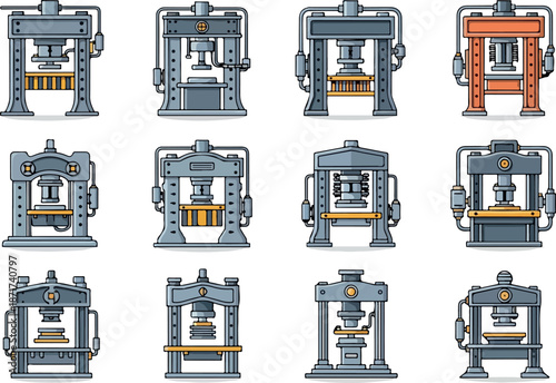 Hydraulic Press Machine Icons Set Mechanical Engineering and Industrial Equipment
