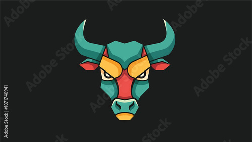 Vibrant geometric bull head illustration, showcasing strength and determination, perfect for branding.