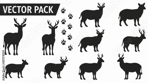 Deer Silhouette Collection Vector Pack Animal Footprints.