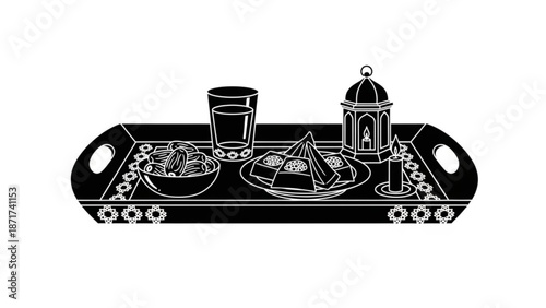 Black and white illustration of a decorative tray with food and drink for a festive meal or celebration with snacks and pastries and candle and lantern