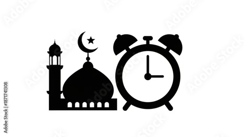 Black silhouette of a mosque with a crescent moon and star next to an alarm clock on a white background with islamic and religion and faith and wake up