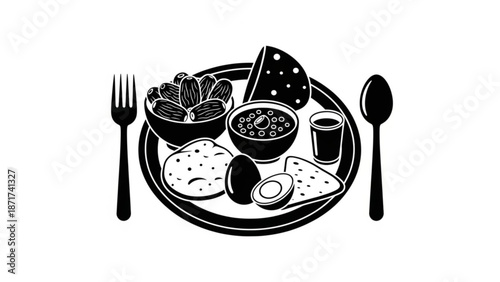 A black and white illustration of a plate of food with a bowl of nuts a bowl of cereal a slice of cheese a glass of juice and a plate of bread with a hard boiled egg cut