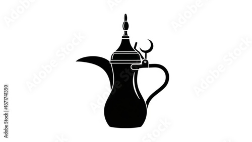 Black silhouette of a traditional arabic coffee pot with a long spout and handle on a white background with traditional coffee pot and coffee pot silhouette