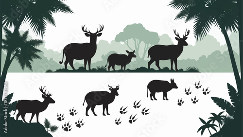 Deer Family Silhouette in Jungle Landscape with Footprints.