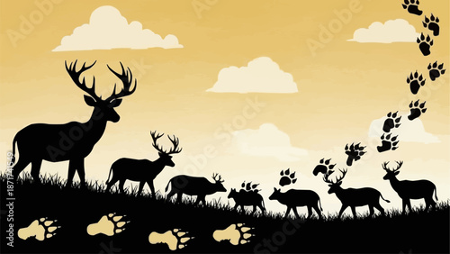 Deer Herd Silhouette with Footprints in the Wild.