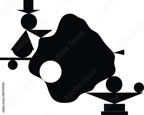 Abstract composition featuring a complex arrangement of minimalist black and white geometric shapes interacting with an amorphous dark mass in dynamic equilibrium