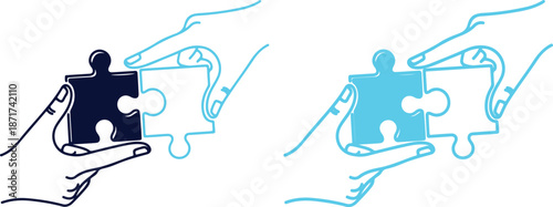 Two hands holding puzzle pieces in a collaborative and teamwork concept with a