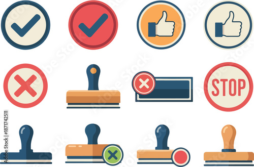 Approval and Rejection Icons Check Marks, Thumbs Up, Stamps & Stop Sign