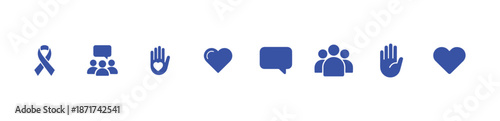 Various blue solid icons for support charity community connection care and awareness causes