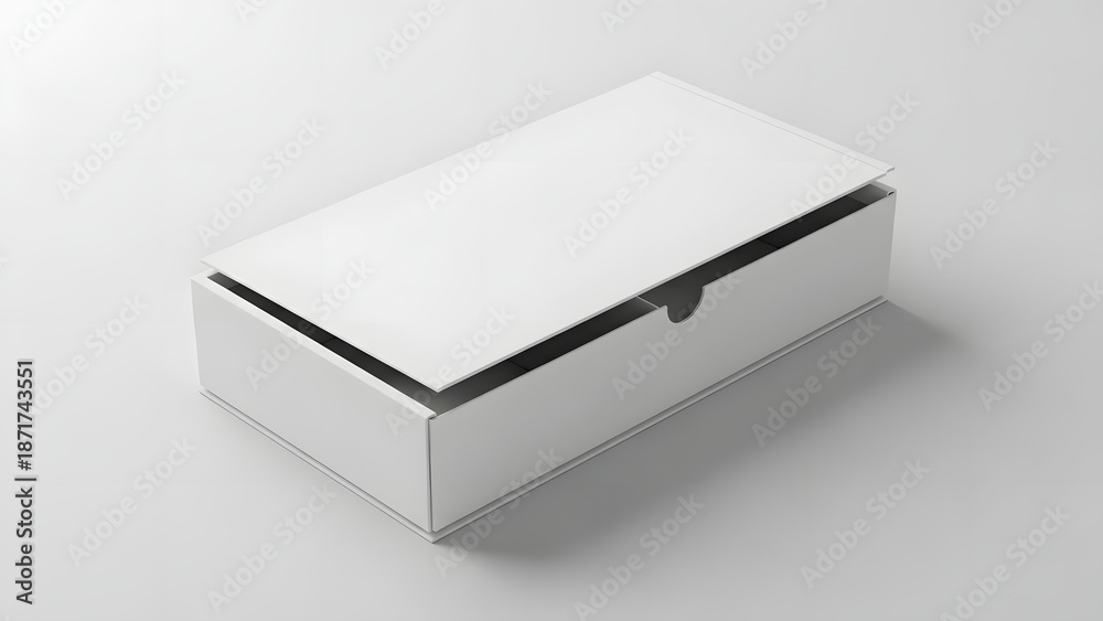 Naklejka premium A white box with a black edge is placed on a plain white surface viewed from an angle