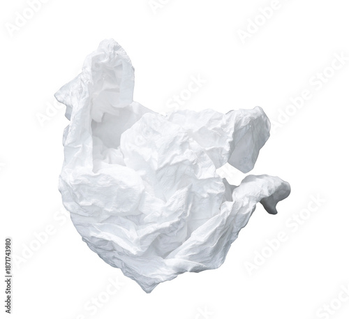 Crumpled ball of white tissue paper isolated on a white background. This textured paper napkin represents waste, trash, cleaning, a discarded idea, or hygiene concepts like a cold or flu