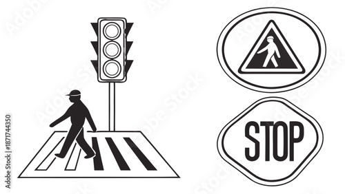 Traffic road sign signals set including common street signs and directional warnings for urban infrastructure and transportation design.
