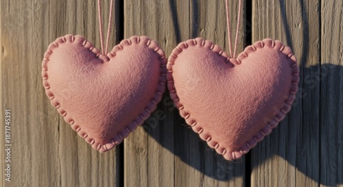 Pink Heart Pillows on Wooden Fence.