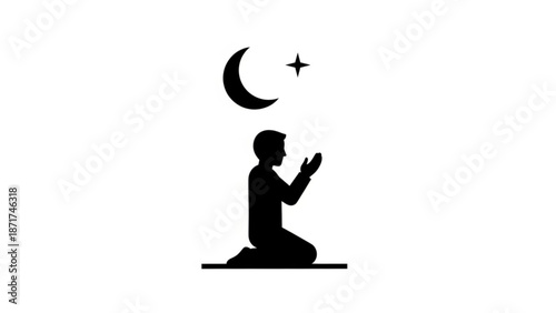 Man praying under crescent moon and star on white background with prayer and silhouette and kneeling and religion and faith and islam and muslim