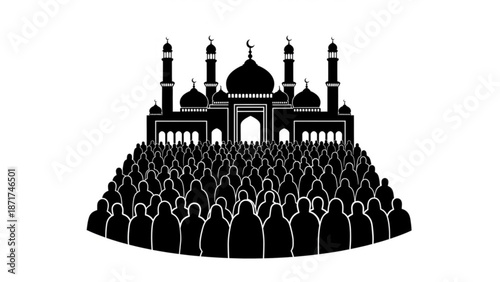 Large crowd of people gathered in front of a mosque with multiple domes and minarets with islam and muslim and architecture and religion and faith