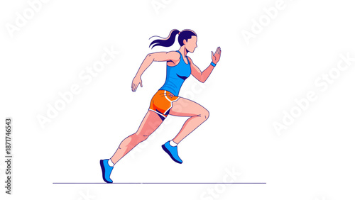Dynamic illustration of a determined female athlete in motion, engaged in an energetic sprint or run, symbolizing fitness, speed, and active lifestyle