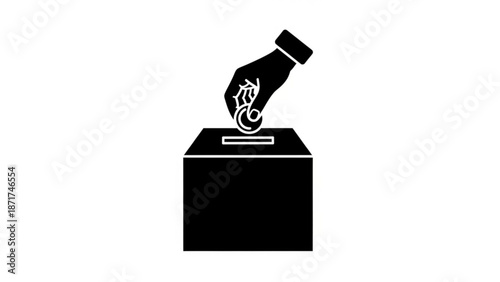 Black silhouette of hand putting ballot into voting box for elections and democracy with vote and politics and government and electoral and civic