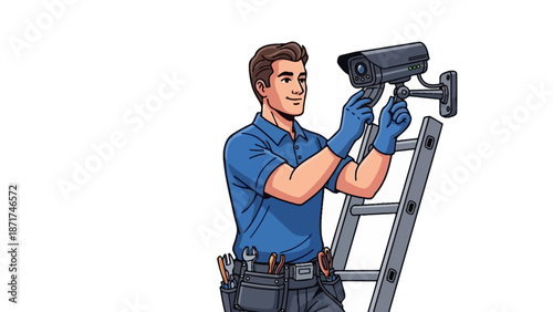 Security Camera Installation Technician on Ladder Repairing CCTV System