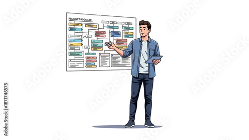 Dynamic presentation of a business process flowchart by a casual young professional, outlining efficient project management methodologies and strategic operational planning for successful outcomes