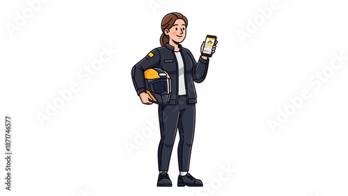 Confident female professional holding a driver's helmet and smartphone, ready for efficient urban auto-related services. Illustrating modern on-demand delivery and swift transportation