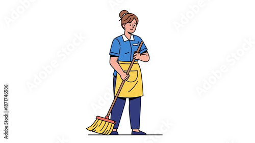 Professional cleaner with broom and apron, ready for cleaning tasks and household chores