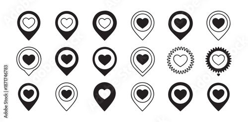 Heart love location pin icons set for maps navigation and valentine's day tracking