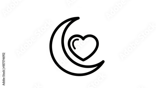 Black line art of a heart nestled in a crescent moon on white background for love or romance concepts with valentine and symbol and icon and minimalist