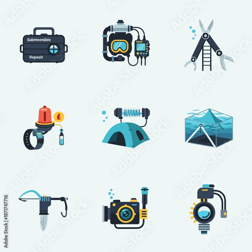 Dive into Adventure with Scuba Gear and Underwater Exploration Equipment Graphics, Perfect for Ocean Enthusiasts and Aquatic Adventures, originally vector graphics
