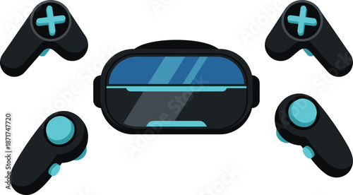 Virtual reality gaming headset illustration, cyan VR controllers set, immersive technology device, modern gaming vector design isolated