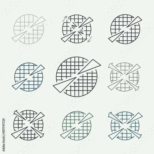 Dynamic set of abstract round grid icons with directional elements, perfect for modern tech interfaces and cutting-edge design projects looking for a sleek edge