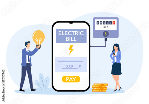 Pay for electricity using mobile application on phone. People holding light bulb and smartphone for electrical energy consumption payment, electricity bill on screen vector illustration