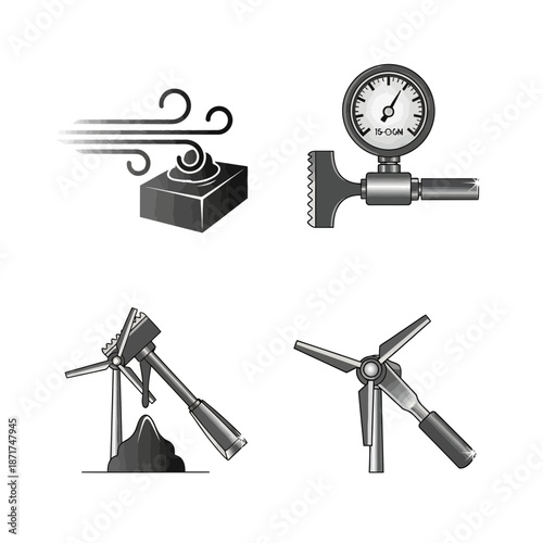 Conceptual set of tools for measuring wind pressure, showcasing diverse methods for assessing wind force, perfect for educational and engineering contexts