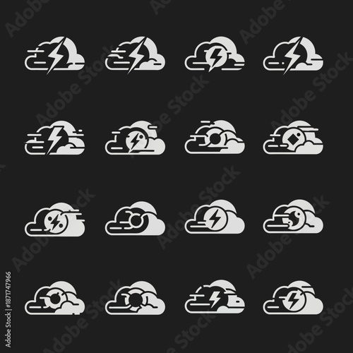 Dynamic weather icons set for apps & websites, featuring cloud and lightning bolt designs originally as a scalable vector graphic for adaptable use