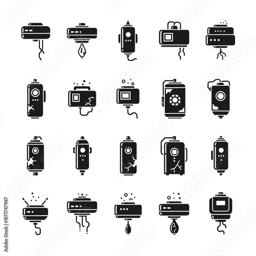 Unique collection of futuristic, damaged, and abstract containers, perfect for sci-fi, technology, or industrial design projects, originally a scalable graphic