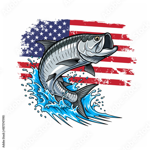 Tarpon fish jumping with American flag background in vintage illustration style