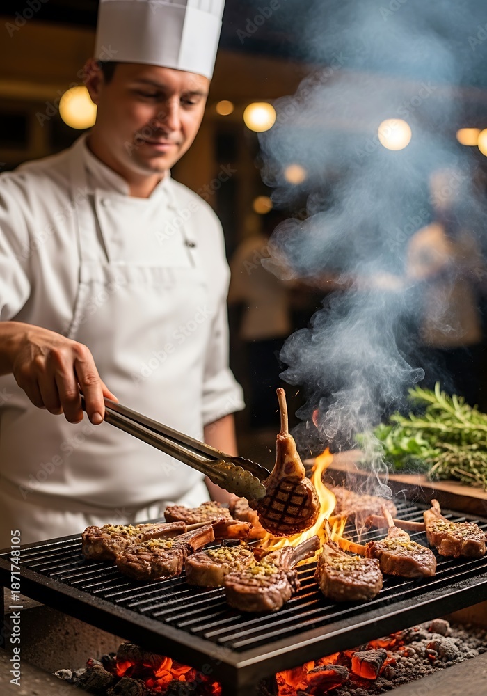 Fototapeta premium Chef Grilling Steaks with Precision and Flair Over Open Flames.
