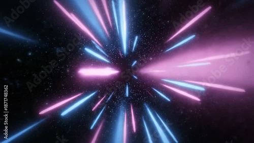 Vivid neon light beams radiate outward in space, creating a dynamic cosmic burst. Hues of pink-blue