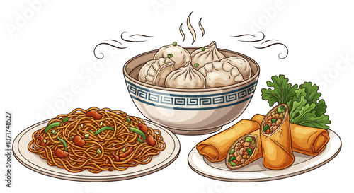 Vibrant Collection of Authentic Asian Cuisine Featuring Steaming Dumplings, Flavorful Noodles, and Crispy Spring Rolls, Perfect for a Culinary Feast