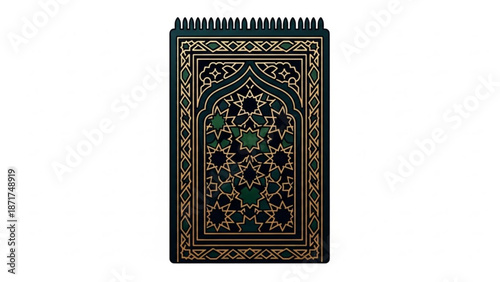 Islamic prayer rug with intricate geometric patterns a traditional Islamic textile for worship and meditation isolated on a white background