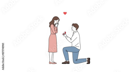 Man proposing marriage to woman with ring box romantic proposal scene illustration for love and relationship concepts isolated on white