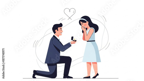 Man proposing marriage with engagement ring woman reacting with joy romantic proposal concept flat vector illustration on white background