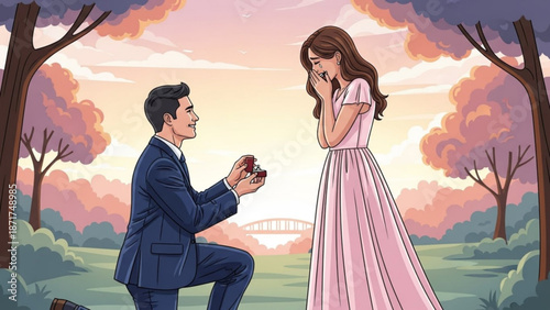 Man proposing marriage with ring box to surprised woman in park romantic proposal scene illustration for love and engagement concepts