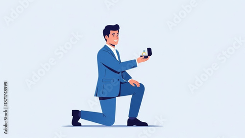 Man in a blue suit proposing with a ring box kneeling on one knee romantic gesture for engagement and marriage isolated on light background